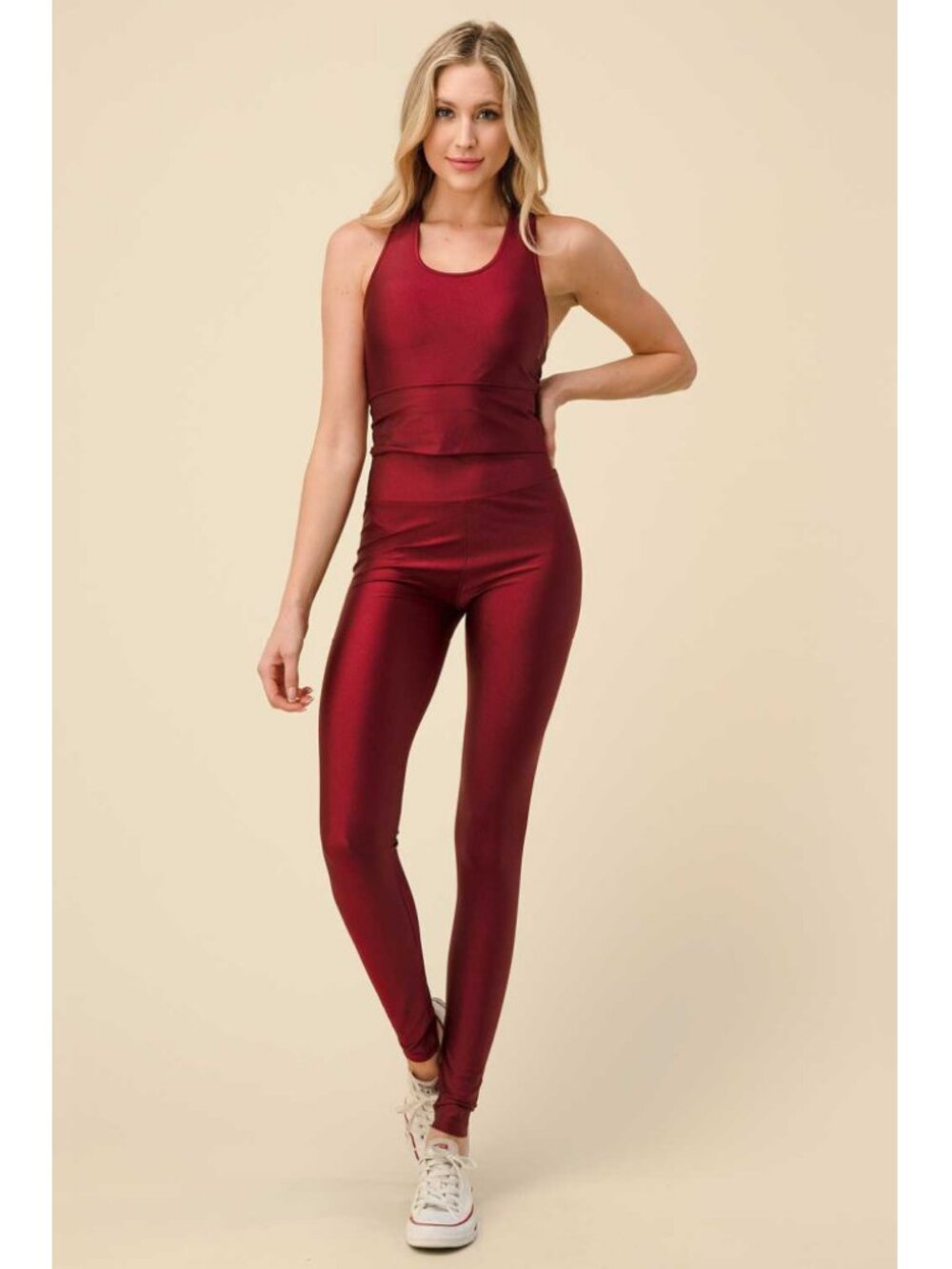 New Fashion Shiny Burgundy Active Tank Top & Leggings Set